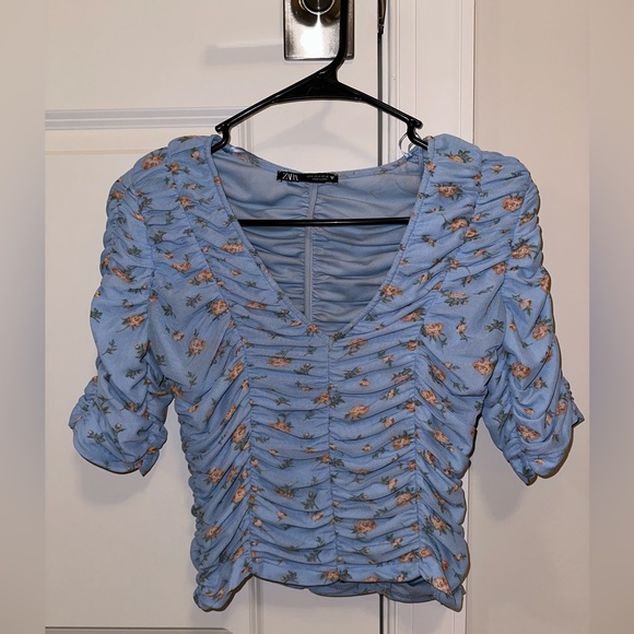 Zara blue tulle floral print top - Picture 2 of 3